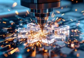 CNC freesmachine snijdt transparant acryl plastic met precisie, metalen gereedschap creëert spaanders onder industriële verlichting