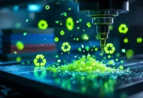 CNC freesmachine snijdt duurzaam plastic materiaal met groene recyclingsymbolen in de spaanders