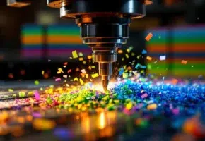 CNC freesmachine snijdt gerecycled plastic materiaal met vliegende groene en blauwe spaanders in industriële werkplaats