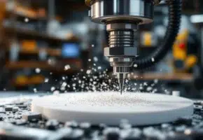 CNC freesmachine bewerkt wit plastic met metaalspanen, klok toont 3:15, industriële werkplaats op achtergrond