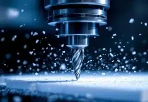 CNC freesmachine snijdt wit kunststof materiaal met carbide eindmolen, metaalspanen vliegen weg tijdens precisiebewerking