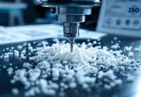CNC freesmachine snijdt wit plastic materiaal met precisie, metalen gereedschap creëert spiraalvormige krullen