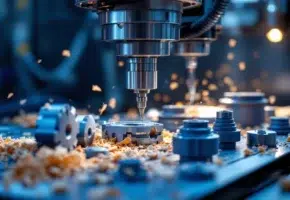 CNC freesmachine bewerkt plastic onderdelen met precisie snijgereedschap in industriële werkplaats met metaalspanen