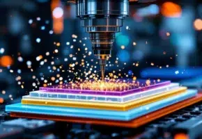 CNC freesmachine snijdt door gekleurde kunststof materialen met metalen snijgereedschap in moderne fabriek