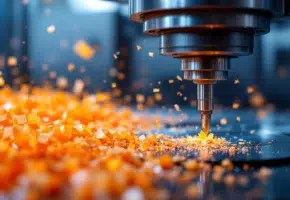 CNC freesmachine snijdt oranje kunststof materiaal met precisie, metaalspanen vliegen weg in moderne werkplaats