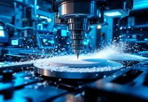 CNC freesmachine snijdt wit plastic met robotarmen en digitale displays in moderne fabriek