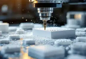 CNC freesmachine snijdt nauwkeurige patronen in wit plastic materiaal met metalen gereedschap in industriële werkplaats