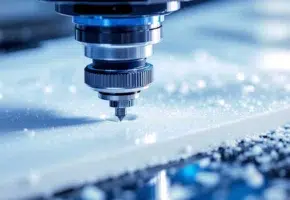 CNC freesmachine snijdt wit plastic met precisie, toont spiegelglad oppervlak en metaalspanen in werkplaats