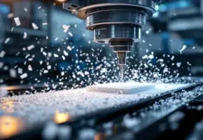 CNC freesmachine snijdt wit plastic materiaal met metalen gereedschap in moderne industriële productieomgeving