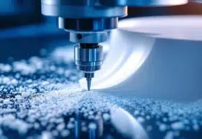 CNC freesmachine snijdt wit plastic materiaal met precisie, metalen gereedschap creëert gladde randen en spaanders