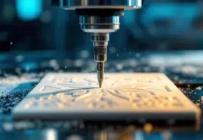 CNC freesmachine snijdt precieze geometrische patronen in wit plastic materiaal met metalen gereedschap en spaanders