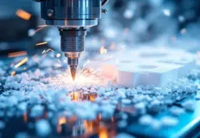 CNC freesmachine snijdt wit plastic materiaal met metalen gereedschap, vonken en spaanders zichtbaar bij precisiebewerking
