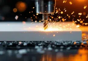 CNC freesmachine snijdt wit plastic materiaal met vliegende spanen en vonken in industriële werkplaats