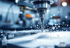 CNC freesmachine snijdt door wit plastic materiaal met metaalspanen die wegkrullen in professionele werkplaats