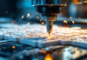 CNC freesmachine snijdt precisiepatronen in wit industrieel plastic met metaalspanen en warme verlichting