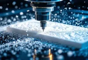 CNC freesmachine snijdt nauwkeurige patronen in wit plastic met metalen gereedschap en plastic krullen