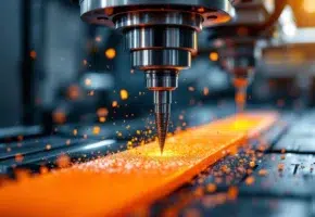 CNC freesmachine snijdt oranje kunststof met metaalspanen in industriële werkplaats met professionele verlichting