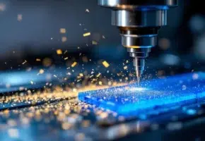 CNC freesmachine snijdt door blauw plastic met metaalspanen, precisie-industriële productie in werkplaats