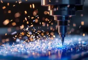 CNC freesmachine snijdt blauw plastic met metalen gereedschap, plastic krullen zichtbaar onder LED-verlichting