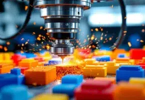 CNC freesmachine snijdt oranje kunststof met metaalspanen, kleurrijke materiaalblokken op voorgrond in industriële werkplaats