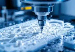 CNC freesmachine snijdt precisiepatronen in wit kunststof materiaal met metalen snijgereedschap en spaanders
