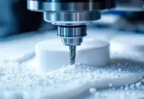 CNC freesmachine bewerkt wit plastic werkstuk, snijgereedschap creëert precisie spaanders tijdens industriële productie