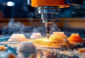 CNC freesmachine snijdt transparant plastic materiaal met metaalspanen die wegspiralen in industriële werkplaats