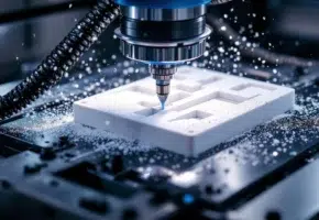 CNC freesmachine snijdt wit plastic materiaal met metaalspanen en blauwe koelvloeistof in industriële productieomgeving