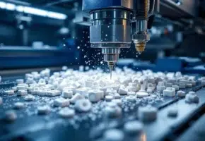 CNC freesmachine snijdt witte plastic onderdelen met metalen gereedschap in industriële werkplaats met precisie-instrumenten