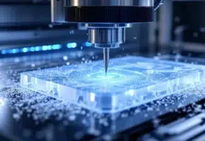 CNC freesmachine snijdt precisie geometrische vormen in transparant plastic met LED-verlichting in moderne fabriek