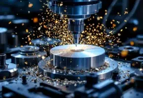 CNC freesmachine in actie met metaalspanen die van snijgereedschap vallen tijdens bewerking van aluminium werkstuk