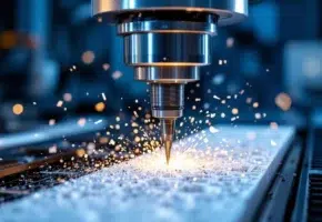 CNC freesmachine snijdt wit plastic materiaal met precisie, metaalspanen vliegen weg in industriële omgeving
