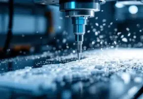 CNC freesmachine snijdt nauwkeurige patronen in wit industrieel plastic met metaalspanen en heldere werkplaatsverlichting