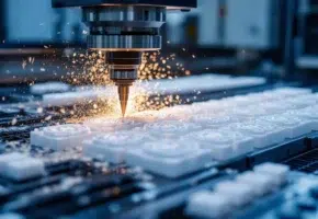 CNC freesmachine snijdt witte kunststof onderdelen met metaalspanen, georganiseerde productielijn op stalen werkbank