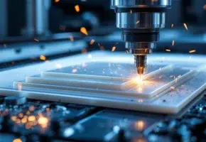 CNC freesmachine snijdt door gelaagde kunststofplaten van verschillende diktes met precisie en vonken zichtbaar