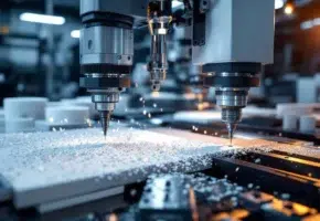 CNC freesmachines snijden precisie plastic onderdelen in moderne industriële werkplaats met dramatische verlichting