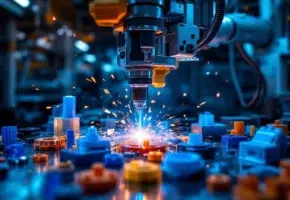 Geavanceerde CNC-freesmachines snijden precisie kunststof onderdelen met vonken in moderne industriële werkplaats