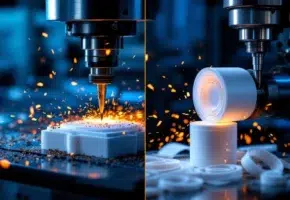 CNC-freesmachine en draaibank bewerken wit kunststof met precisie, metaalspanen en krullen zichtbaar onder industriële verlichting