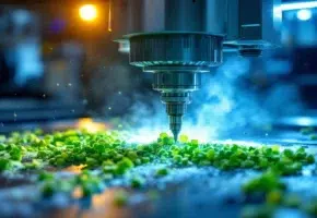 CNC freesmachine snijdt milieuvriendelijk groen plastic met LED-verlichting in industriële productieomgeving