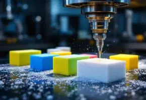 CNC-freesmachine bewerkt kleurrijke plastic blokken met precisie, metalen snijgereedschap creëert spaanders in industriële omgeving