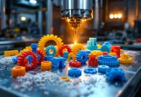Precisie gefreesd plastic onderdelen in verschillende kleuren op metalen werkbank met CNC freesmachine op achtergrond