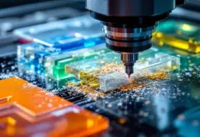 CNC freesmachine snijdt precisiepatronen in kleurrijke kunststofmaterialen met metalen gereedschap en plastic spanen
