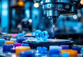 CNC freesmachine snijdt blauw plastic materiaal met spiraalvormige krullen in moderne industriële werkplaats