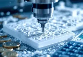 CNC freesmachine snijdt wit plastic met metaalspanen, rekenmachine en euromunten tonen kostencalculatie