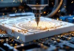 CNC freesmachine snijdt nauwkeurige patronen in wit industrieel plastic met metaalspanen en gouden vonken