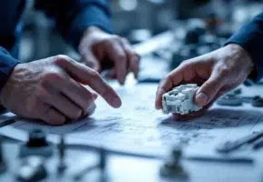 Twee industriële professionals bespreken technische tekeningen en precisie kunststof onderdelen op werkbank