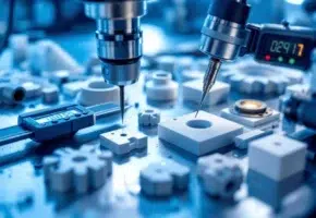 Precisie-gefreesd plastic onderdelen op industriële werkbank met digitale schuifmaat en kwaliteitscontrole-instrumenten