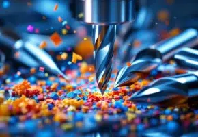 Precisie freesgereedschap snijdt door plastic materialen met carbide freesbeitels en kleurrijke spaanders in industriële werkplaats