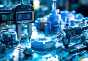 Digitale schuifmaten en precisie-meetinstrumenten op industriële werkbank met gefreesd plastic onderdeel op achtergrond