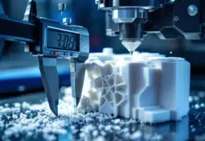 Digitale schuifmaat meet wit plastic onderdeel met frezen spanen, CNC machinebewerking op industriële achtergrond